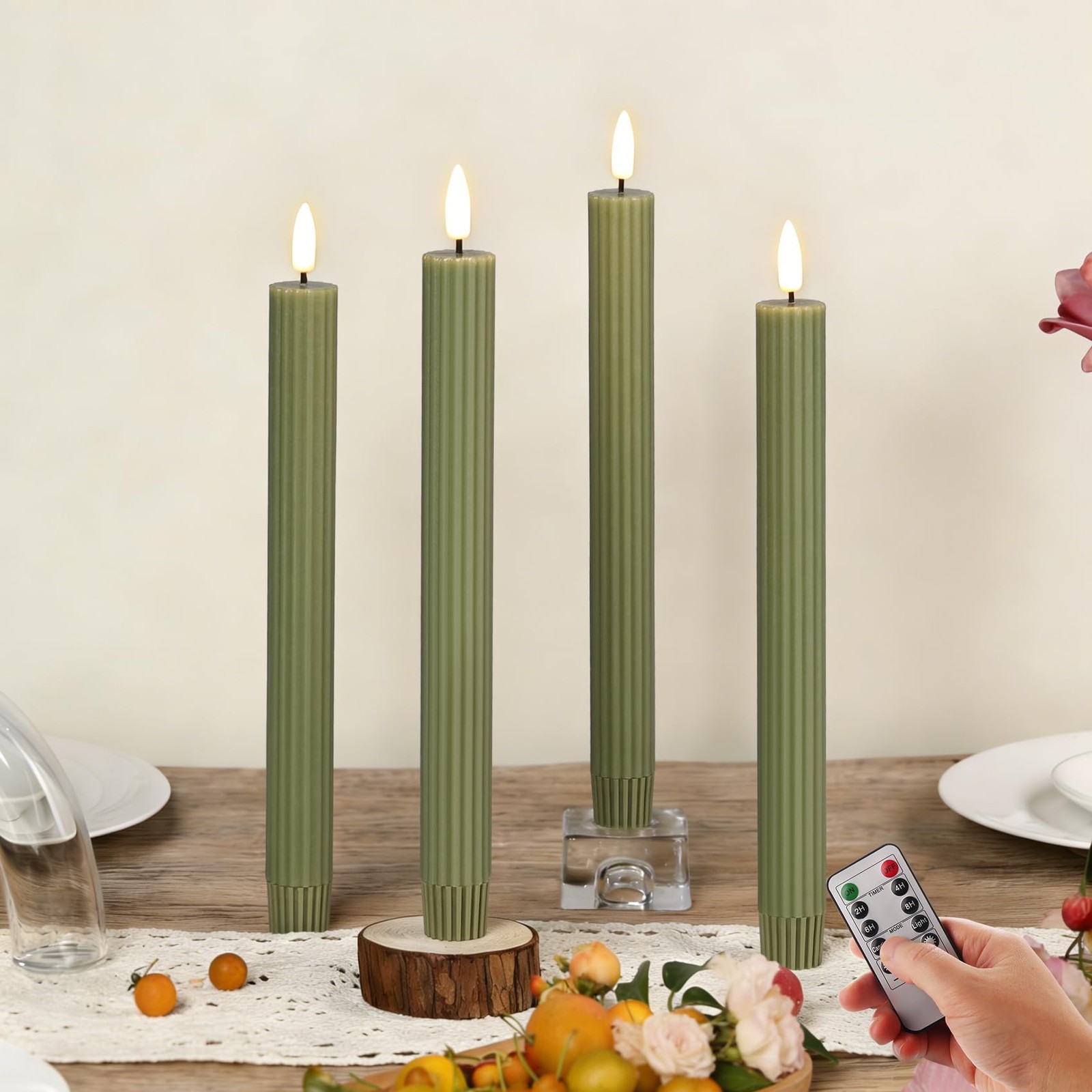4 PCS Olive Green Ribbed Flameless Taper Candles Remote Flickering Wax