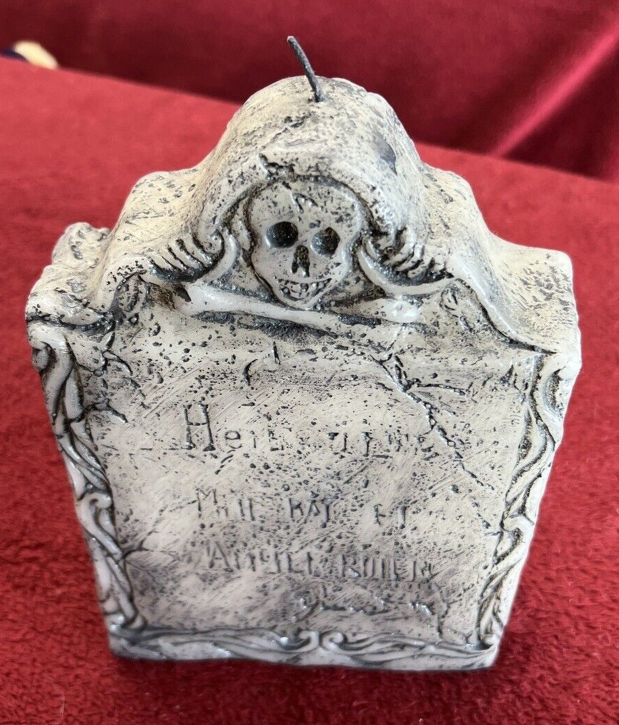 Large Vtg Halloween Tombstone Candle Skull & Bones Gothic Gray Wax Decor 8″ New