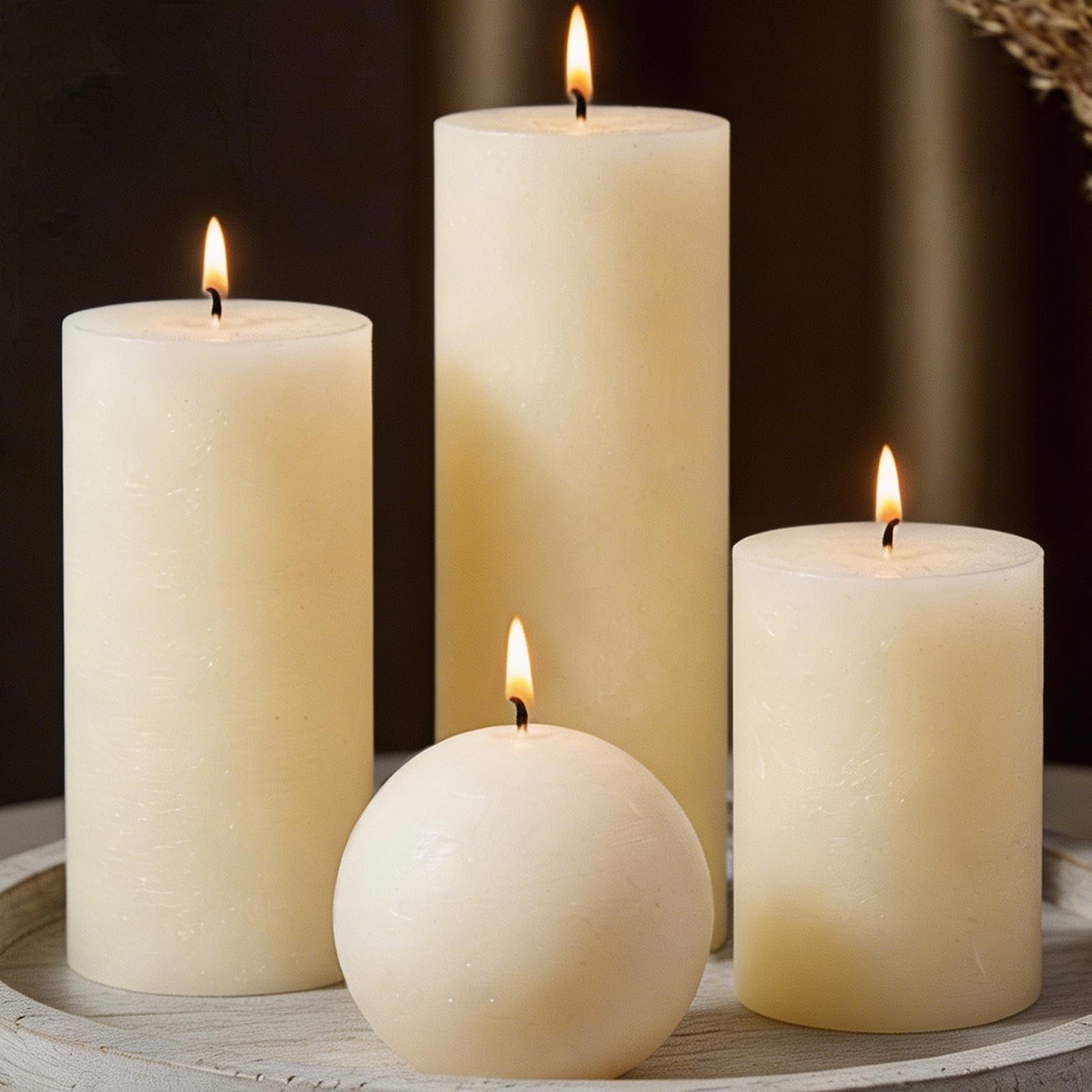 Rustic Ivory Pillar Candles Set – 4 Pcs Assorted Sizes Unscented Pillar Candl…