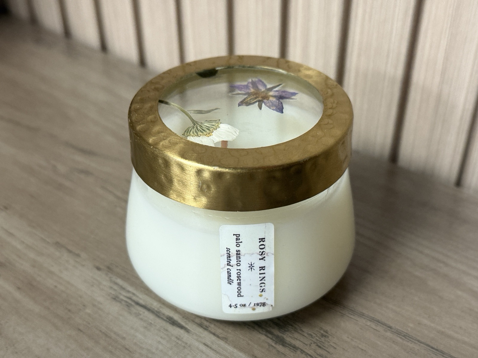 Anthropologie Rosy Rings Scented Floral Press Candle Pallo Santo Rosewood 4.5oz
