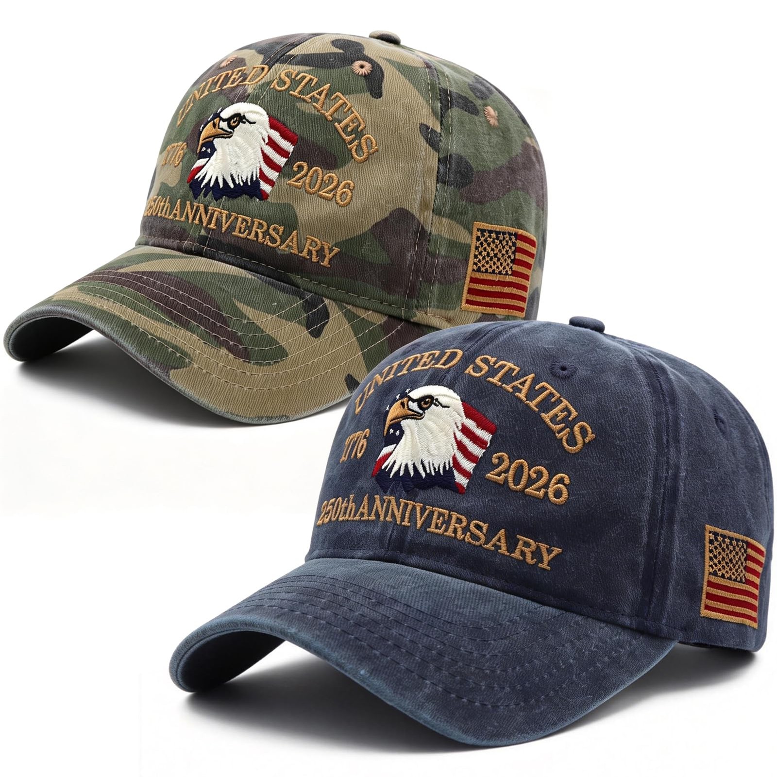 2 Pack USA 250th Anniversary Patriotic Embroidered Baseball Cap 17762026, Ame…