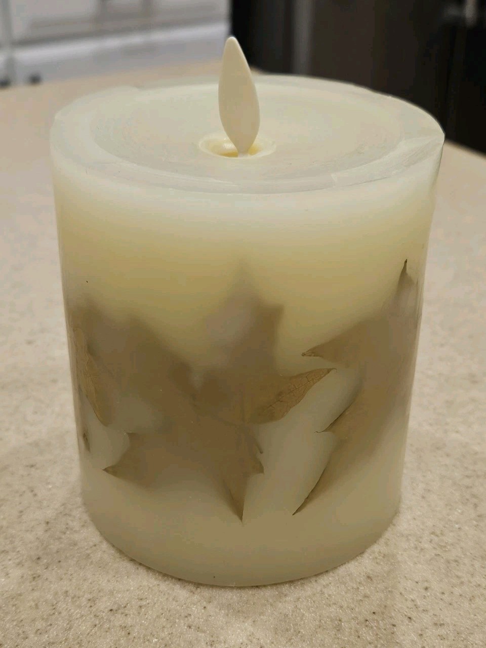 RARE LUMINARA FLAMELESS MOVING WICK FARMHOUSE MODERN RUSTIC LEAF PILLAR CANDLE