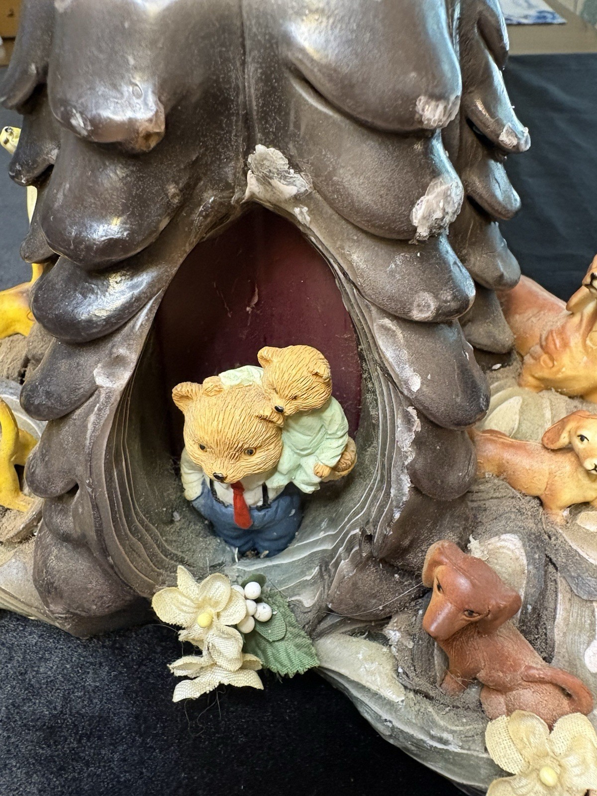 Vintage Tree Stump Wax Art Candle / Whimsical Woodland Animal Figurines