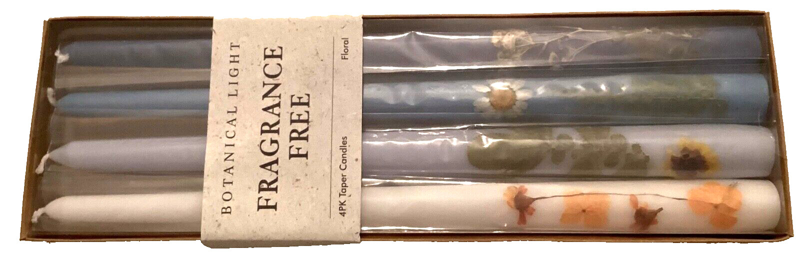 Set of 4 Blue, White 12” Unscented Botanical Light Tapered Candles —#262