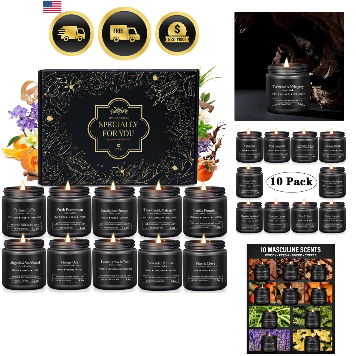 10 Pack Scented Candles for Men, Masculine Candle Gift Set with Woody & Fresh…