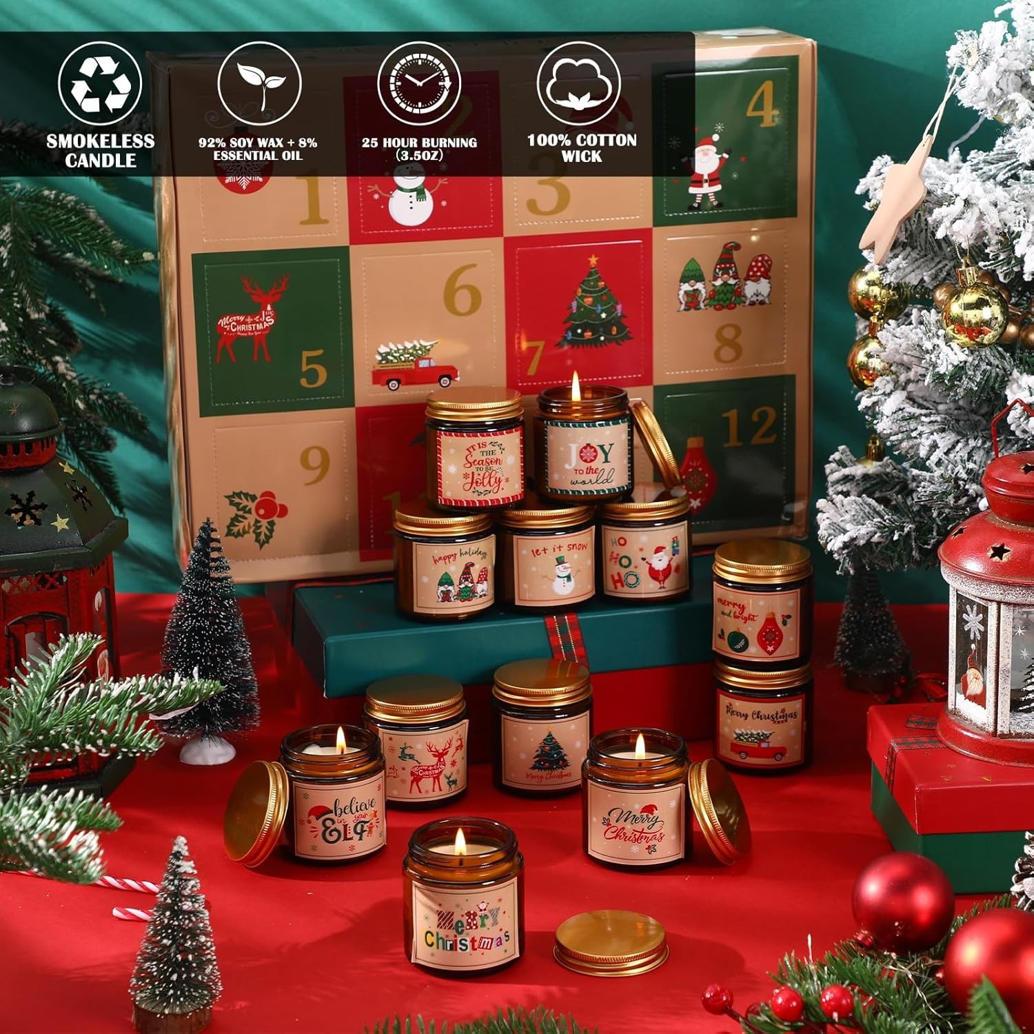 12 Pack Christmas Candles 12 Days of Advent Calendars Multicolor