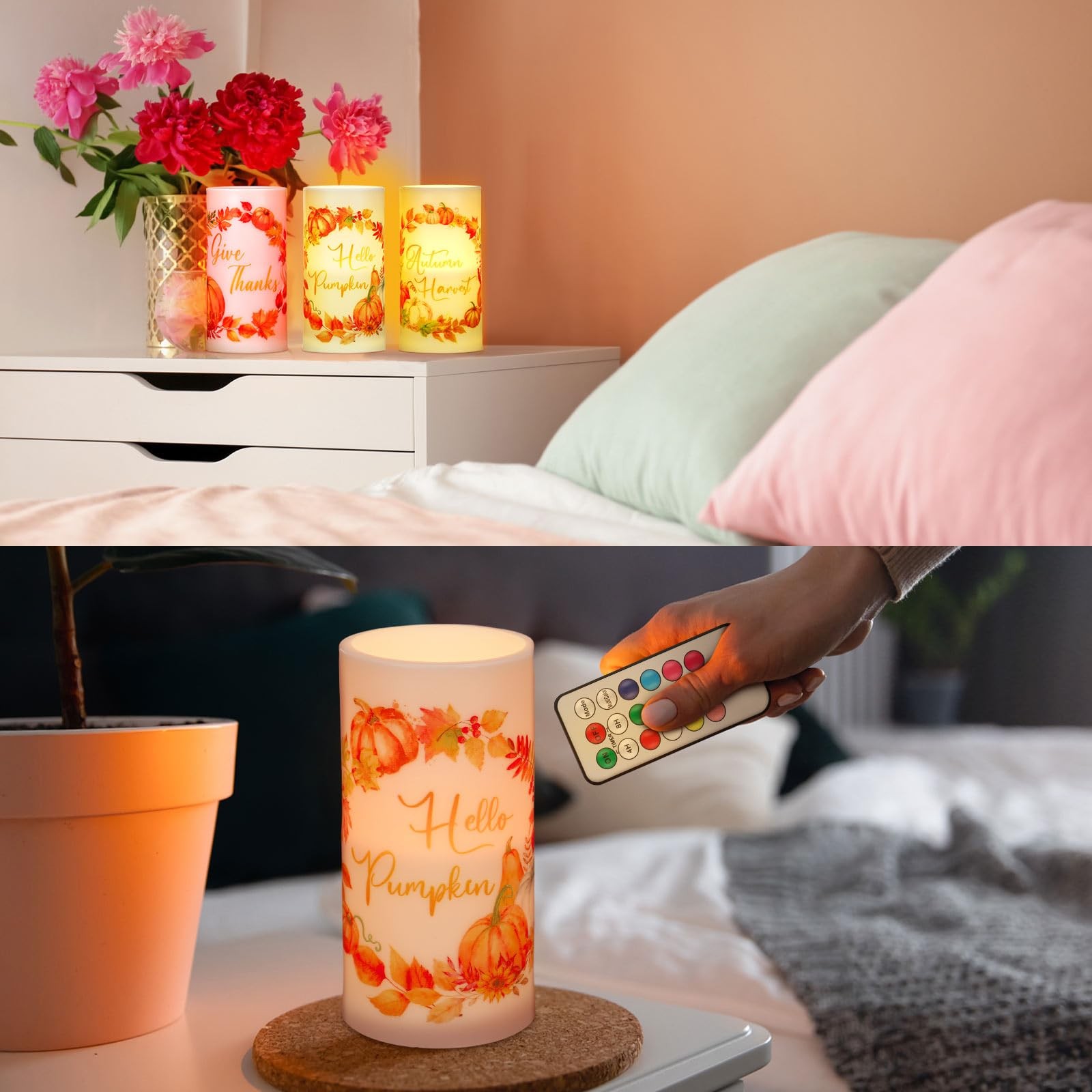 3 Pcs Fall Flameless Candles Pumpkin Wreath Flameless LED Candles for Bedroom…