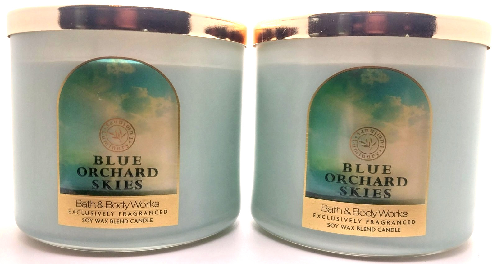Set of 2 NEW! Bath & Body Works BLUE ORCHARD SKIES 3 Wick SCENTED Candle