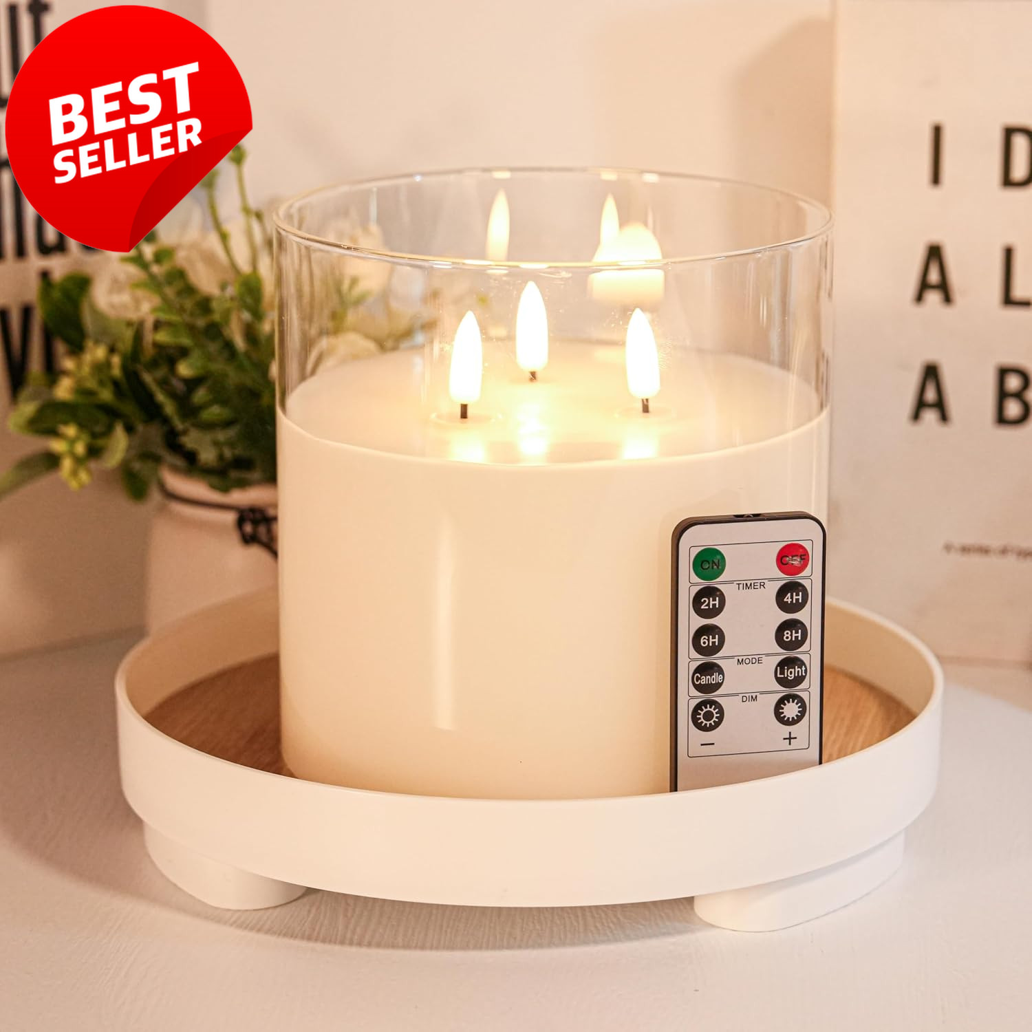 6x6in 3 Wick Flameless LED Candle Real Wax Glass Remote White Decor – US
