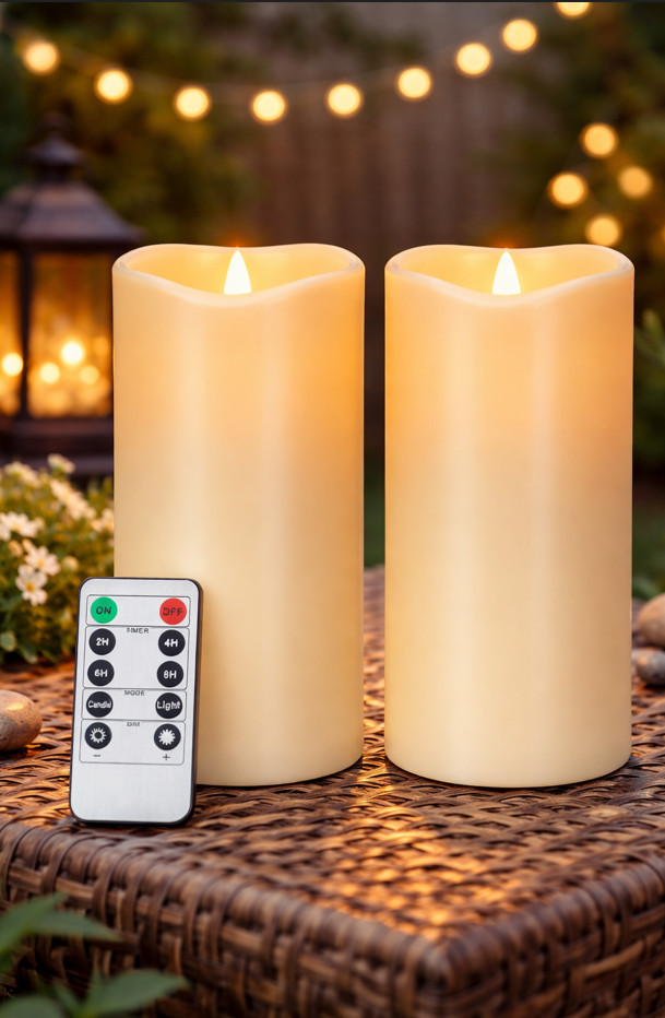 2 Outdoor Flameless Battery Operated Candles with Timer 3×6 Waterproof LED Light