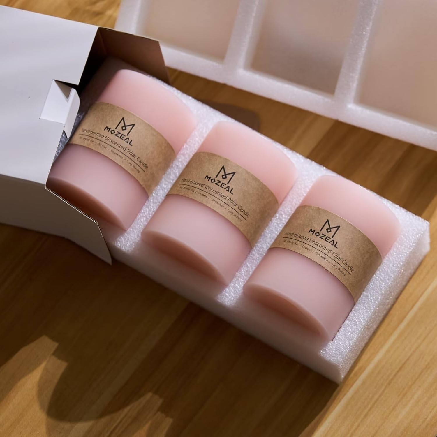 Rustic Blush Pillar Candles, 3″ x 4″ Set of 3 – Dripless, Long-Burning Elegance