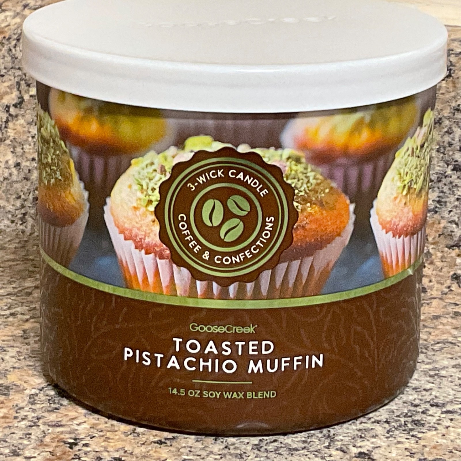 GooseCreek Toasted Pistachio Muffin Scented 3 Wick Candle 14.5 oz soy wax blend.