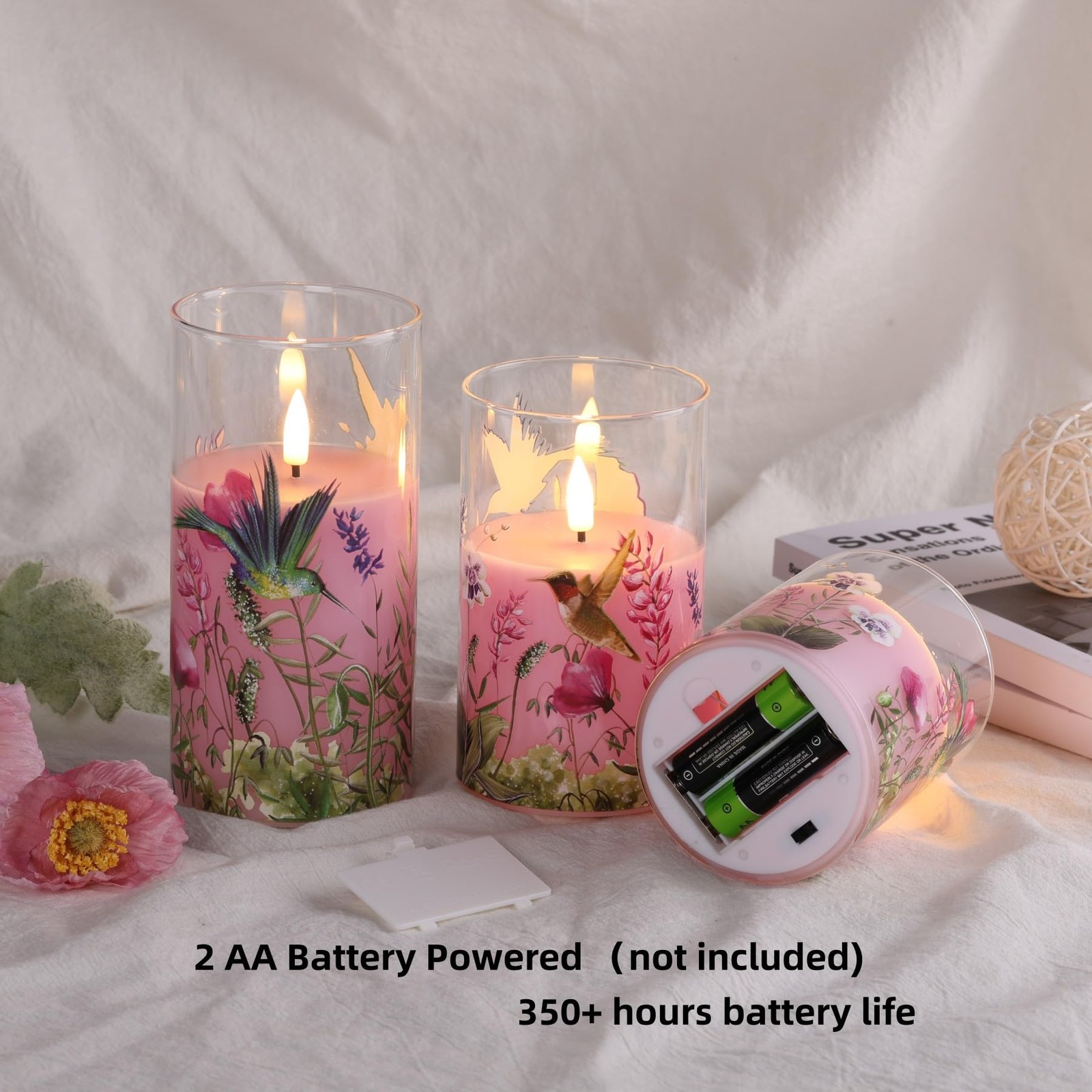 Eywamage Pink Hummingbird Floral Glass Flameless Candles with 3,