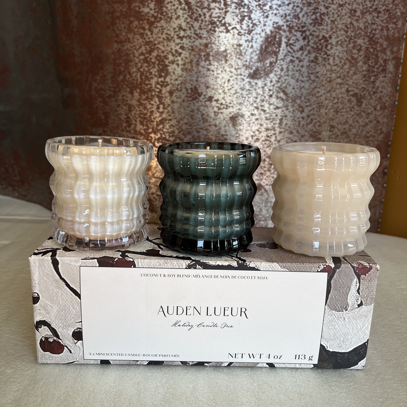 AUDEN LUEUR HOLIDAY CANDLE TRIO (3) Coconut & Soy Blend Mini Scented Candles
