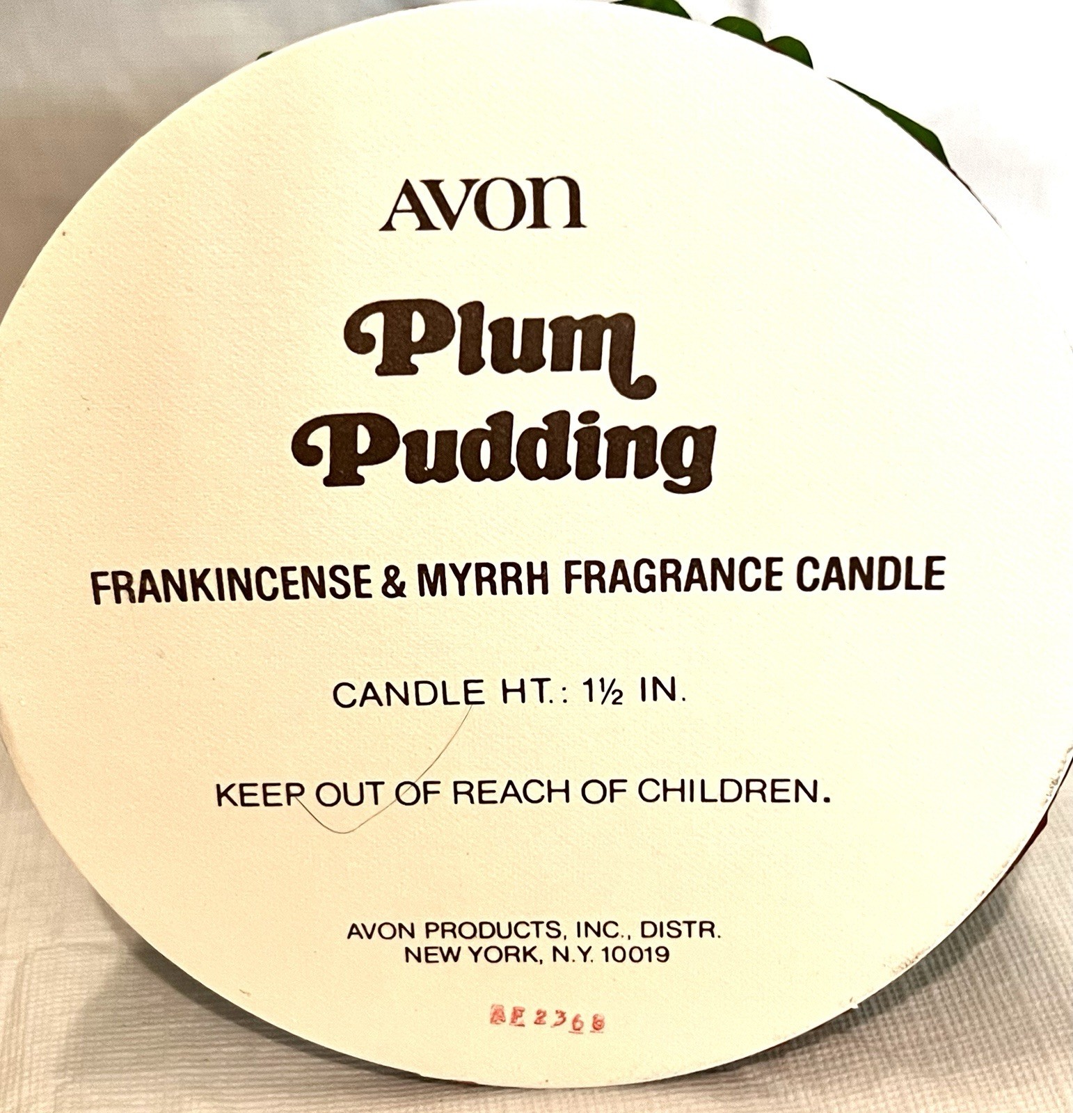 1978 Avon PLUM PUDDING FRANKINCENSE & MYRRH FRAGRANCE CANDLE 1 1/2” ~ NOS in Box
