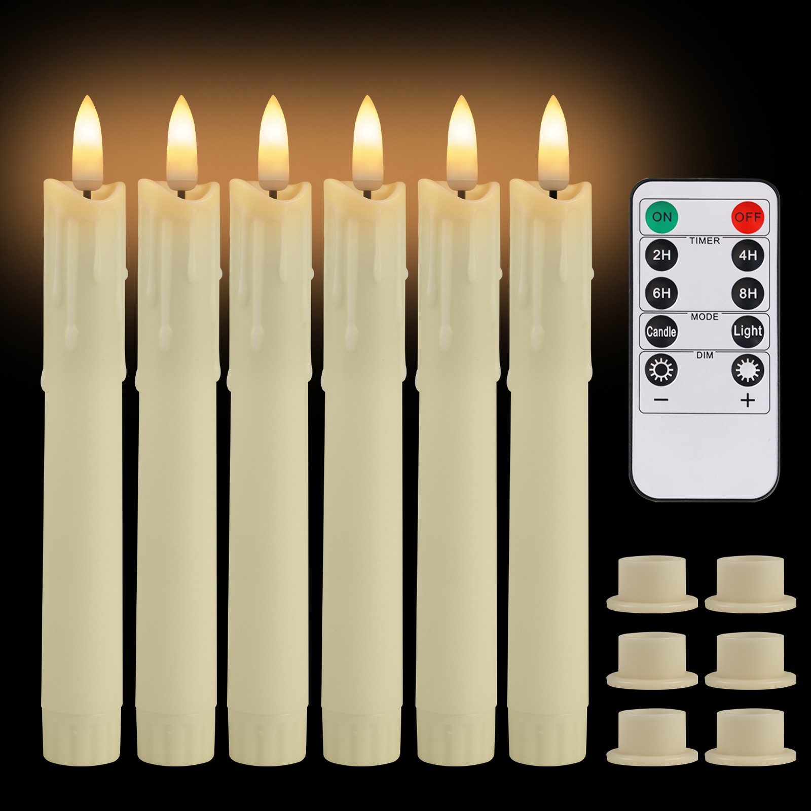 Set of 6 LED Flameless Flickering Taper Candles light with Holders Timer Remote