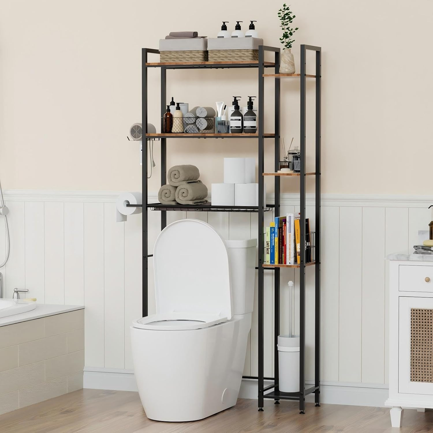 7-Tier Over Toilet Storage Organizer with Wooden Shelf & Side Rack