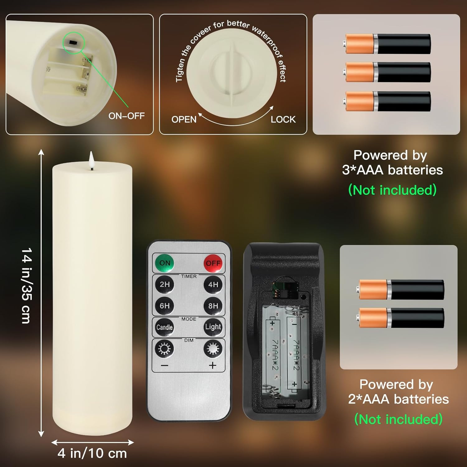 14″ X 4″ Large Outdoor Candles, Waterproof Flickering LED Flameless Candles with