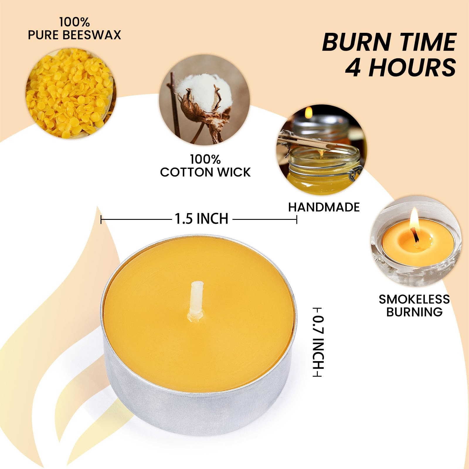 50Pack Pure Beeswax Tealight Candles in Aluminum Cups 45 Hour Burn Time, Lea…