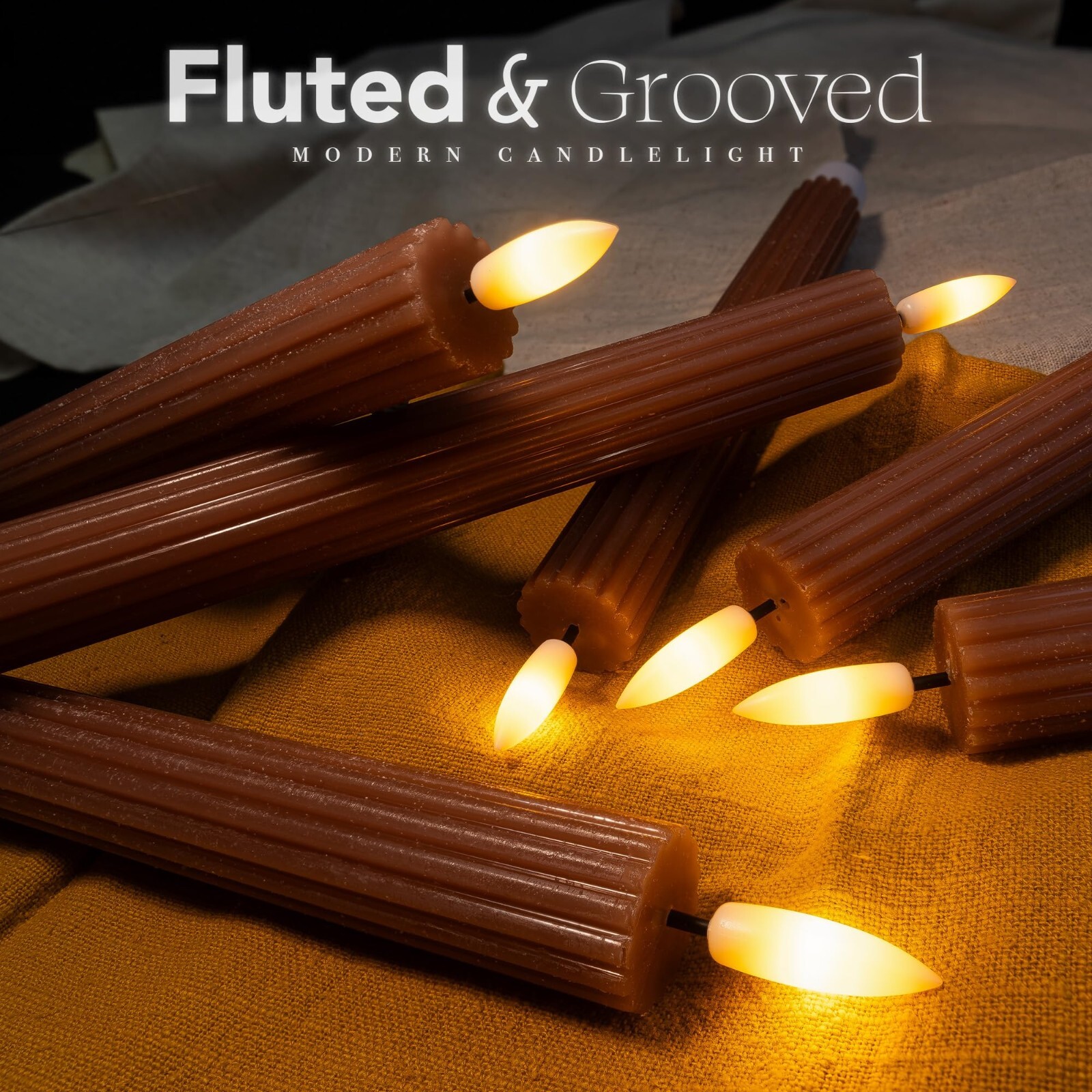 10″ Fluted Ribbed LED Brown Tan Grooved Pillar Candles Remote & 24h Timer Memory