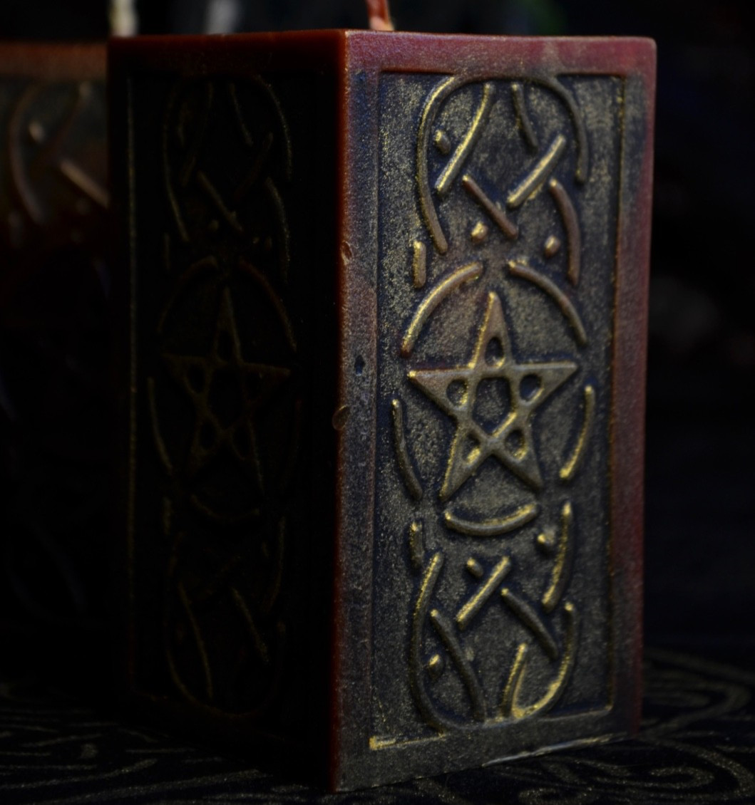 Pentagram Beeswax Pillar Candle Hand Painted Gold Occult Altar Decor Witchy Gift