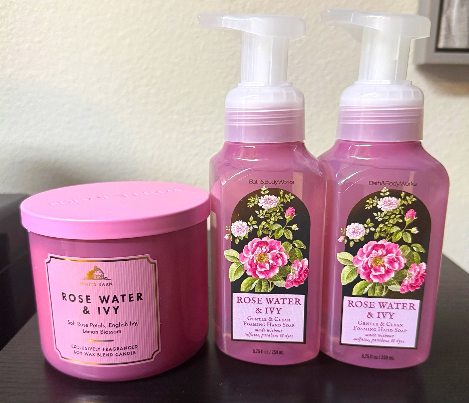 New Bath & Body Works White Barn Rose Water & Ivy 3 Wick Candle & Hand Soap Lot