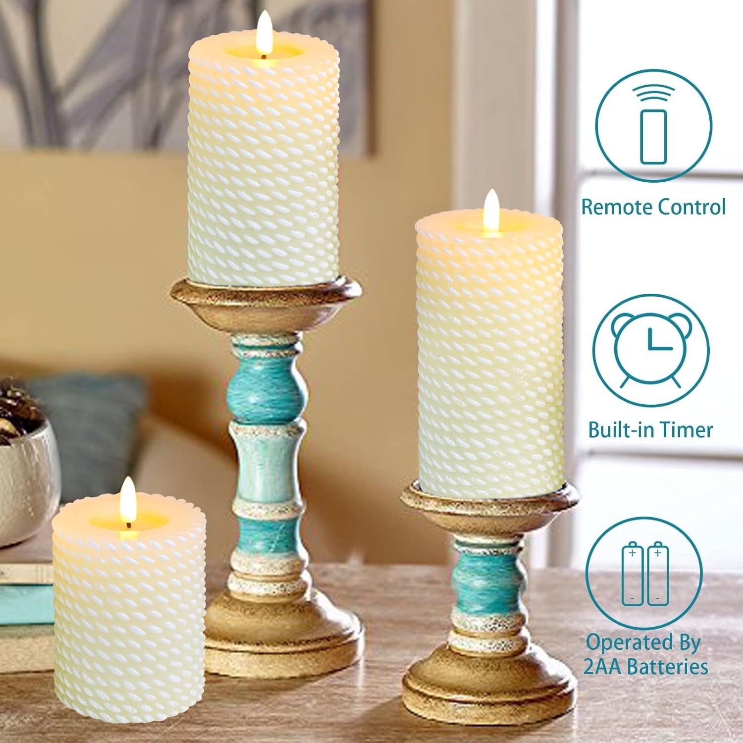 White Flameless Candles,Corded Pattern Carving Battery Operated Candles with …