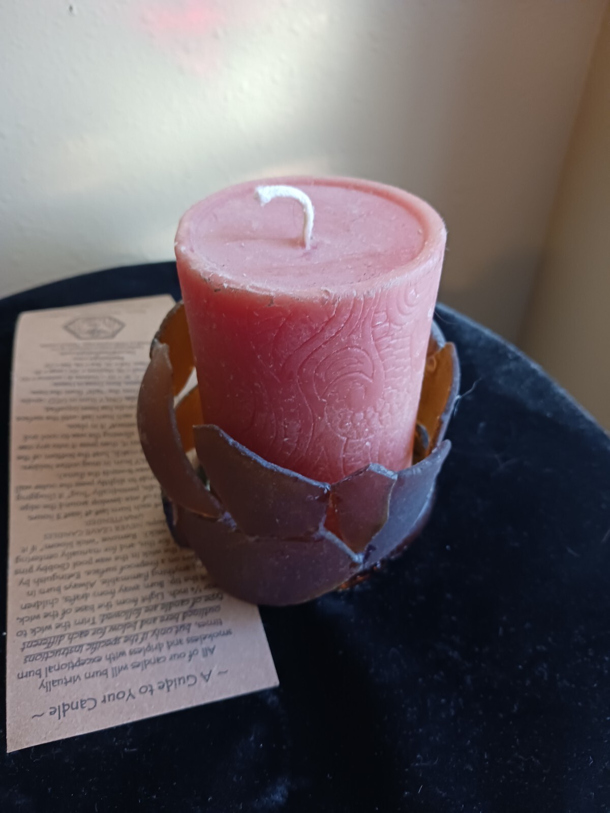 100% Pure Beeswax Pillar Candle, Unscented in SEAGLASS HOLDER Authentic Glass