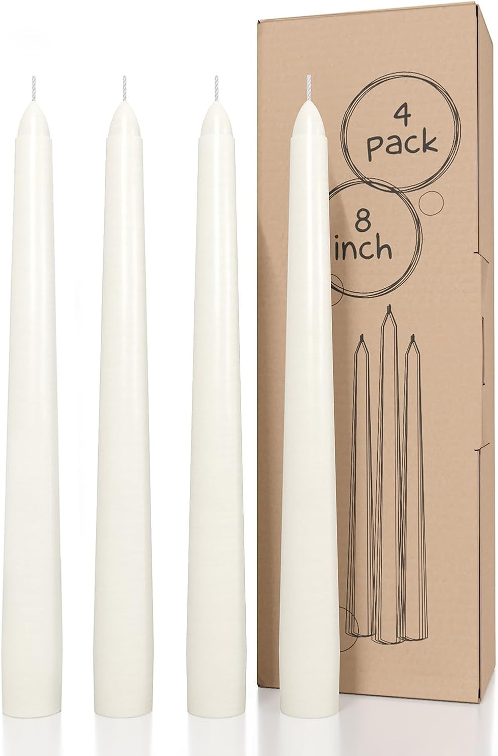 Long Burning 8 Inch Ivory Taper Candles – Set of 4 Dripless & Allergy-Friendly