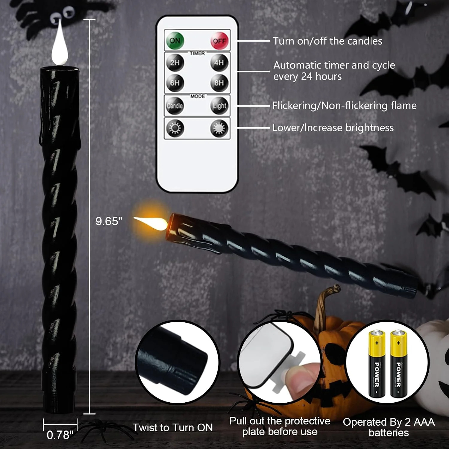 Black Flameless Taper Candles Battery Operated with Remote Timer | 3D Wick Flick