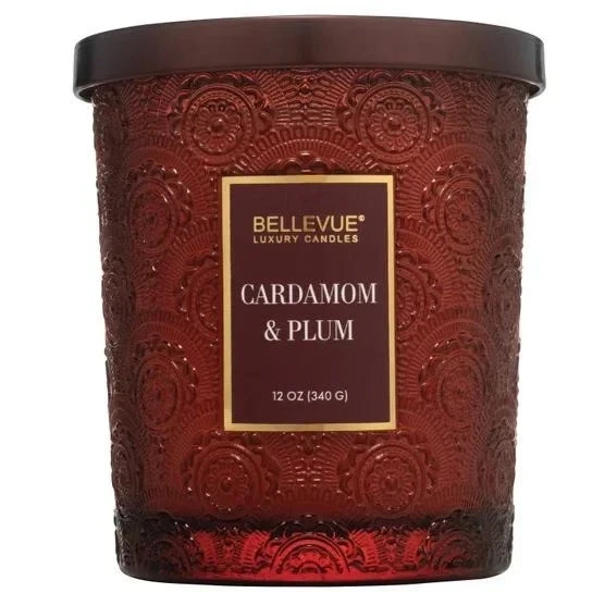 3 Bellevue Luxury Candles Embossed Glass Jars Soy-Blend, Monk, Fern and Cardamom