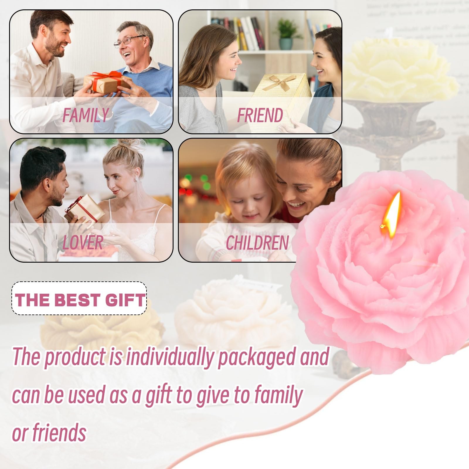 Pink Peony Flower Shape Soy Wax Decorative Candle, Scented Gift for Bedroom