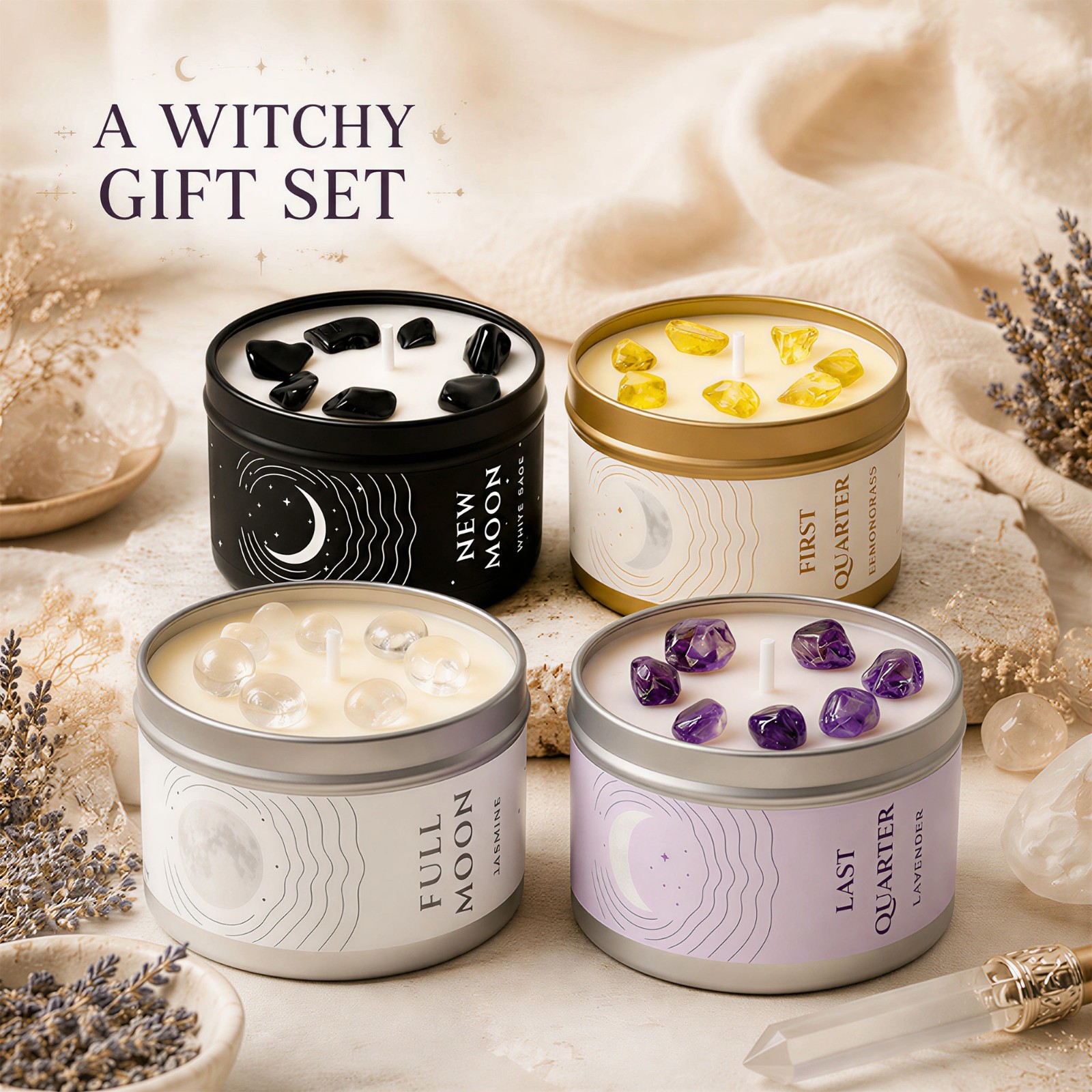 Moon Phase Candle Set 4 Crystal Soy Candles Witchy Celestial Gift Set