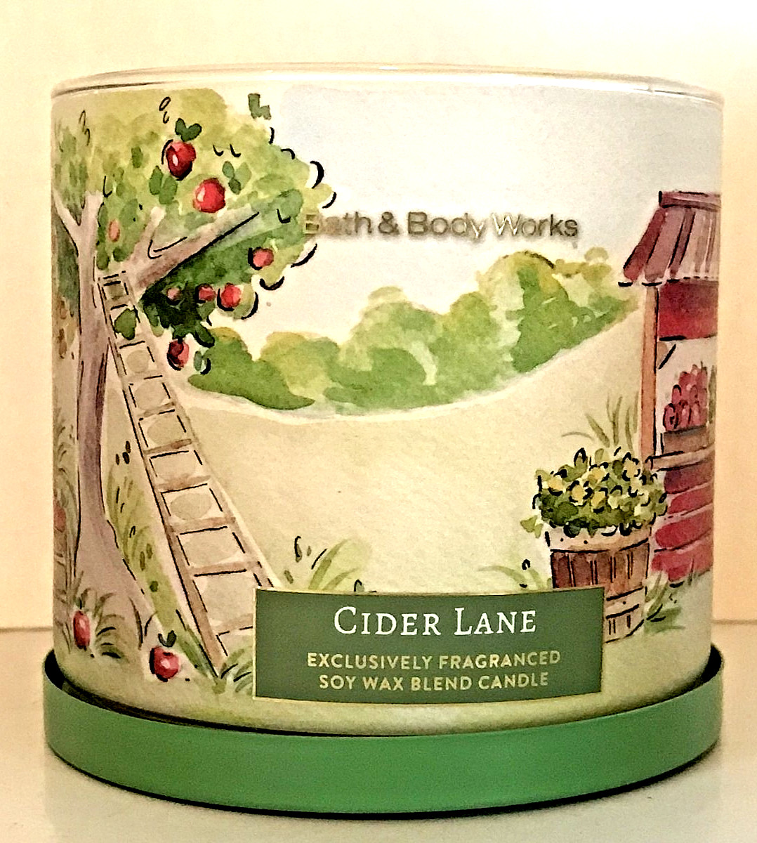 CIDER LANE CANDLE LARGE 3 WICK 14.5 OZ BATH BODY WORKS WHITE BARN GREEN NEW FALL