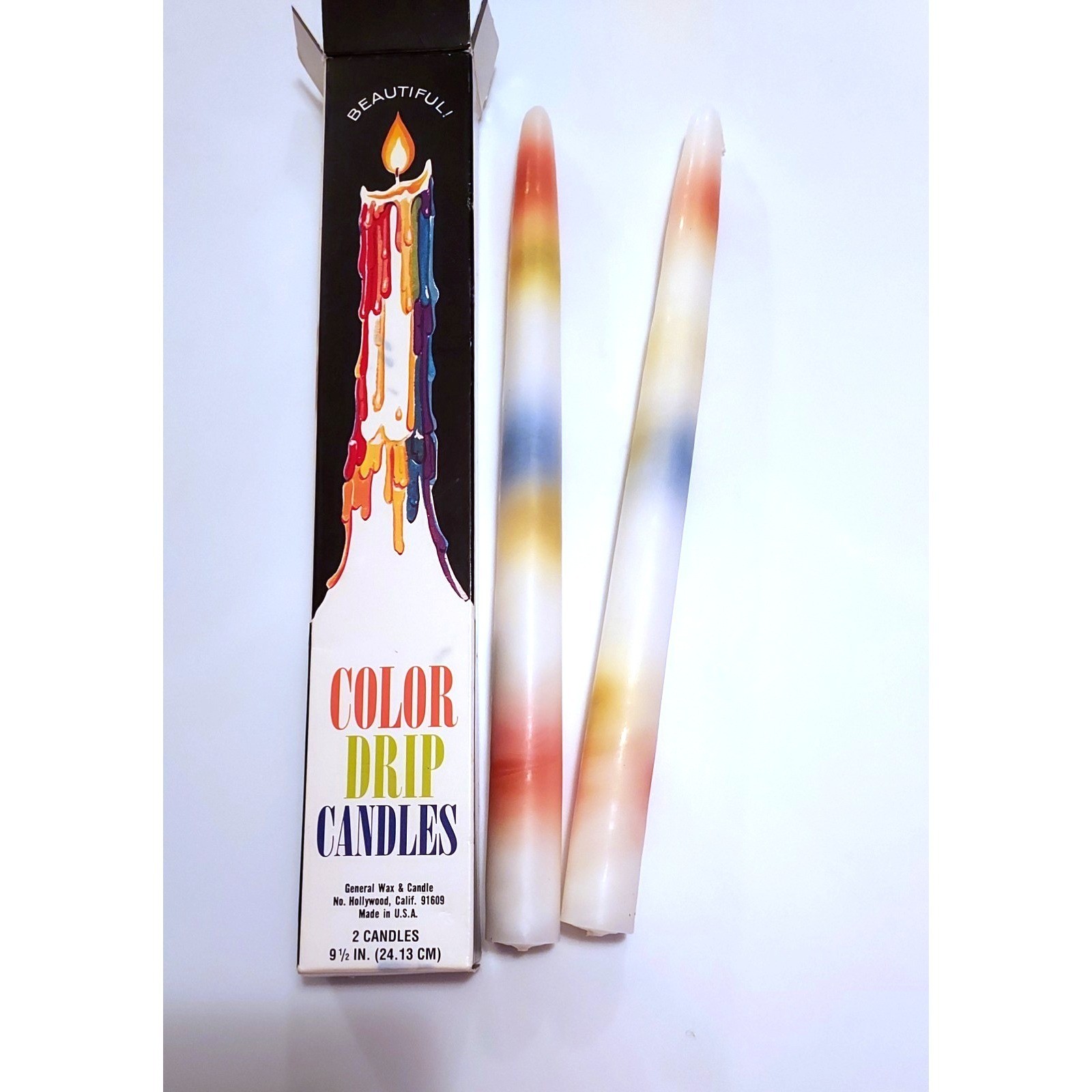 Set of 2 Vintage Multi Color Drip Candles Rainbow Boho Hippie USA Retro 70s