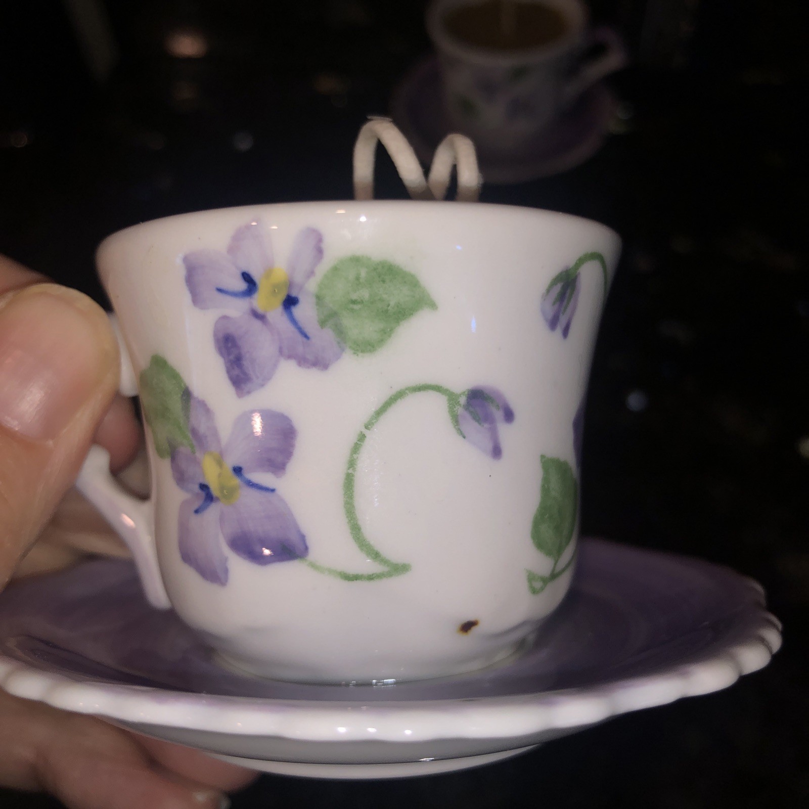 Set of 2 Handmade Mini Porcelain Antique Teacups Candles Purple Violets Pansies