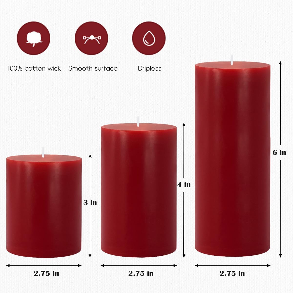 Set of 3 Different Size Red Burgundy Pillar Candles, Unscented Dripless 2.75x…