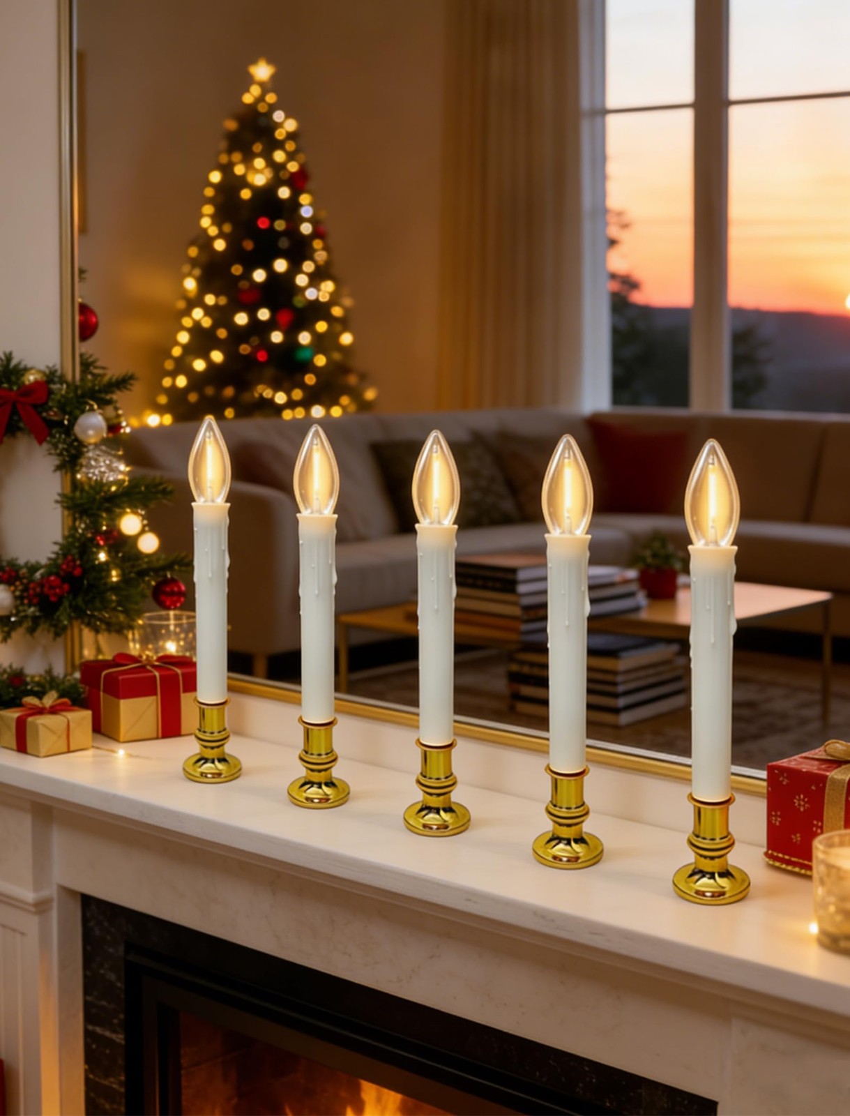 Kivonfa 10 Pack Battery Operated Window Candles Flameless LED Warm White Gold
