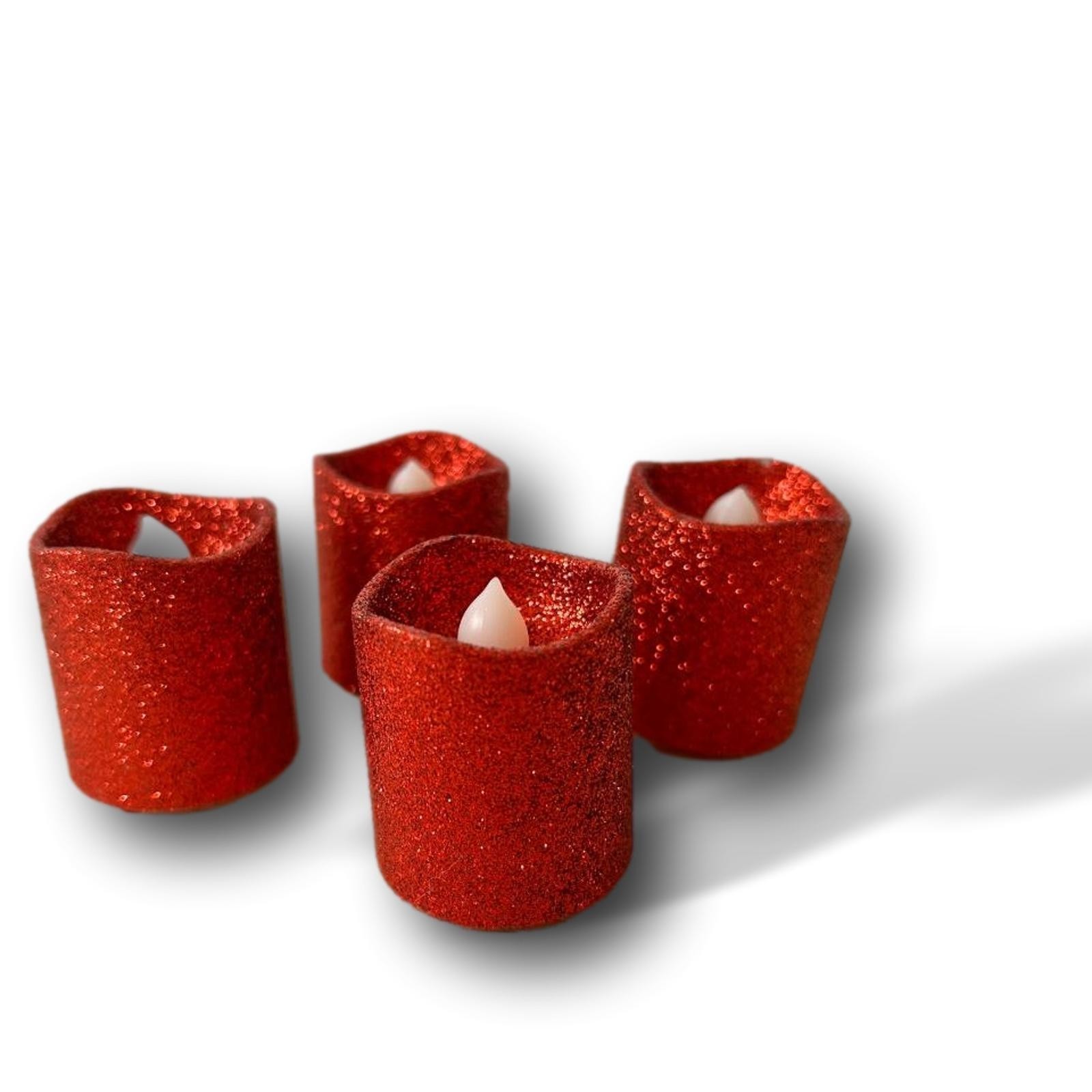 Set of 4 Red Glitter Flameless Christmas Candle Votives 2 inches