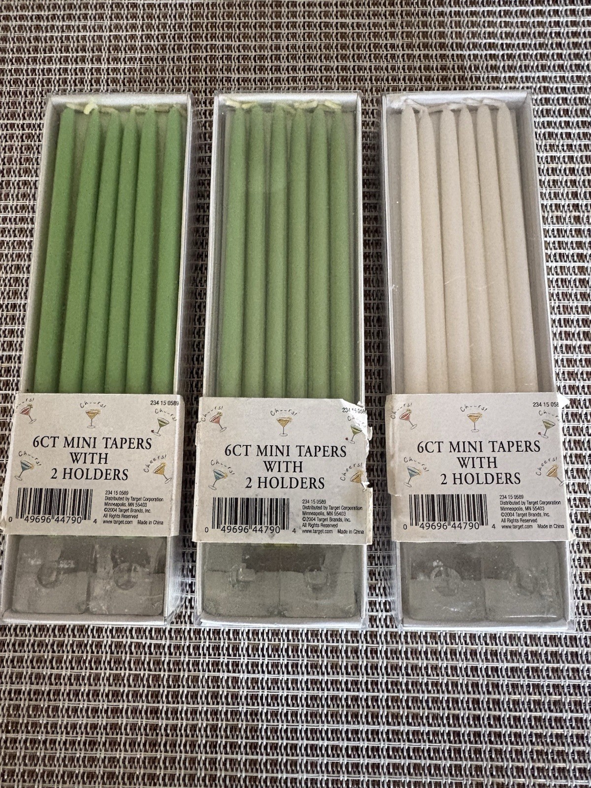 Lot of 3 Target Mini Candle Tapers 2004 Green White 6″ w/Cube Holders