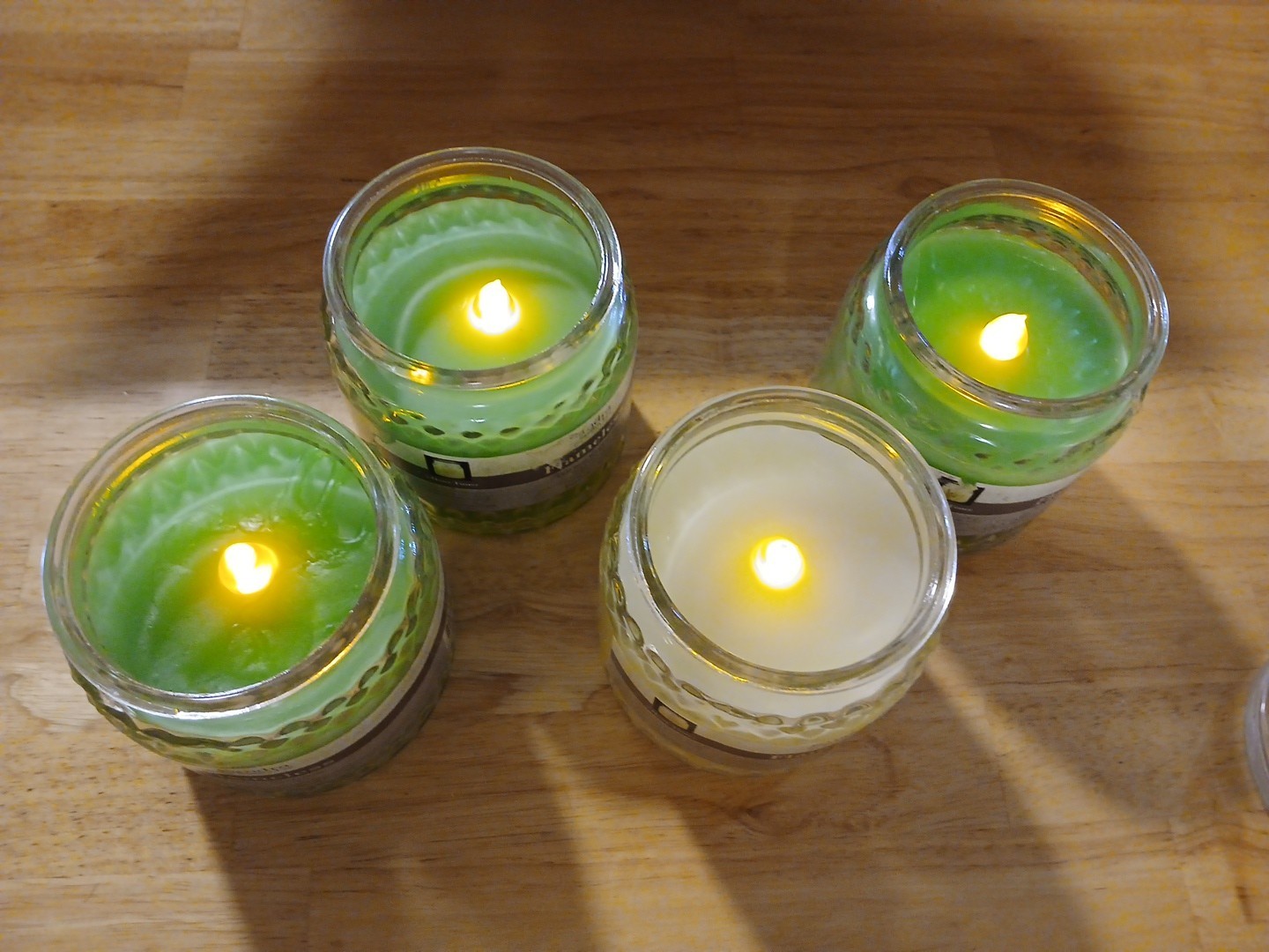 Green White Flameless Candles LED Real Wax Glass Jar 4pc Lot Battery Timer Set