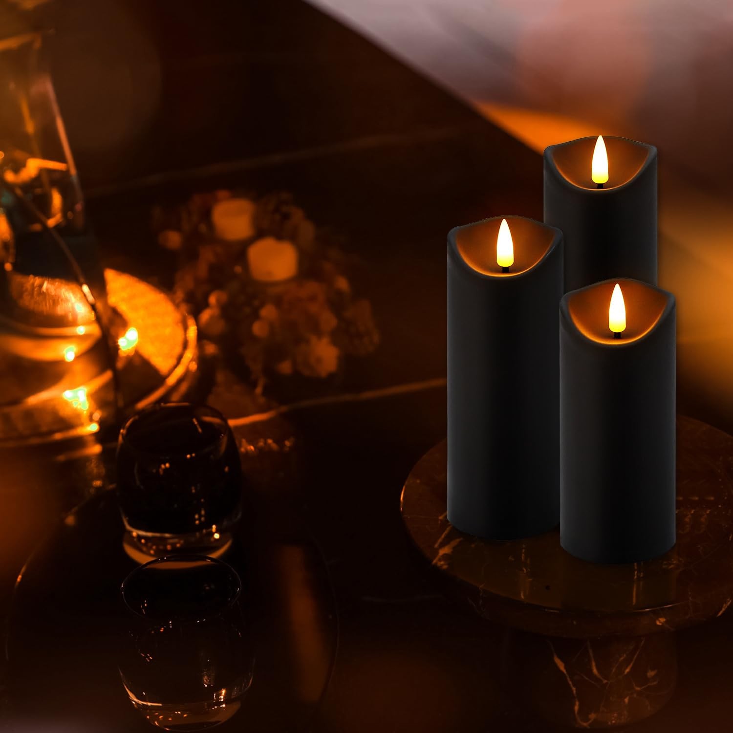 Set of 24 Flickering Black Flameless Candles, Battery Operated LED Pillar Can