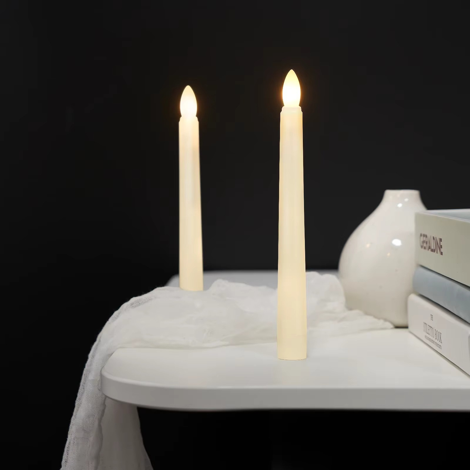 Set of 2, 8″ Flameless Taper Candles Moving Wick Ivory Weddin