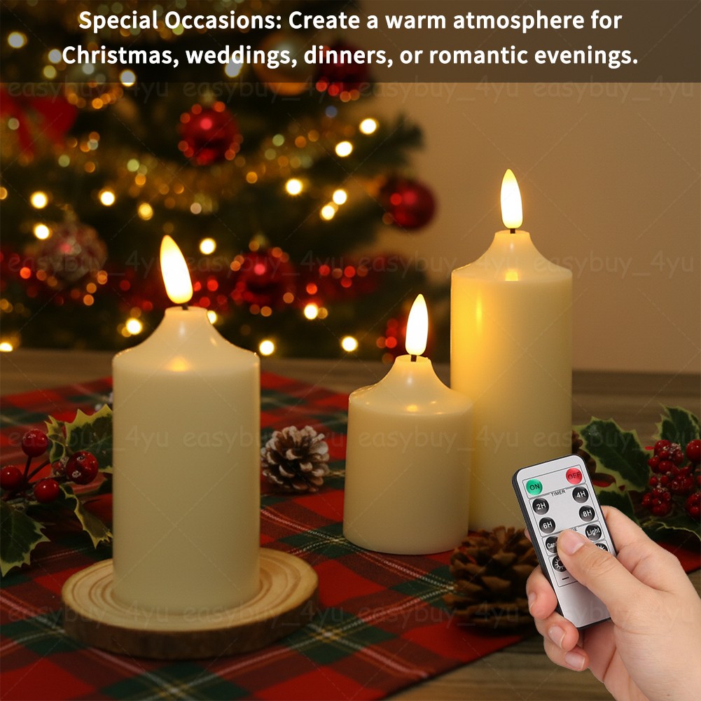 Set of 3 Flameless Flickering LED Pillar Candles with Timer Remote Home Decor