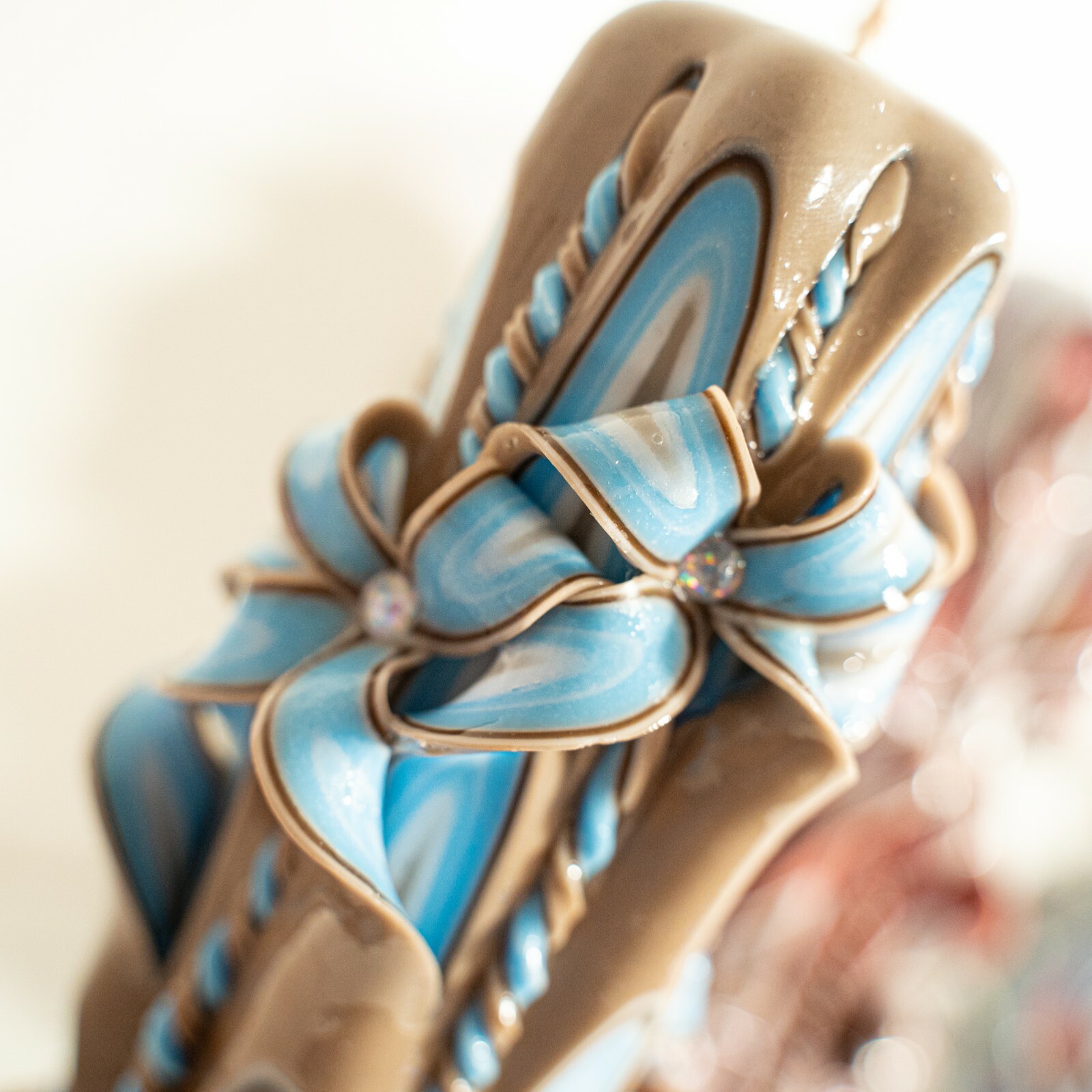 Blue Flowers – Carved candle – Easter – Gift Wedding Brown Blue