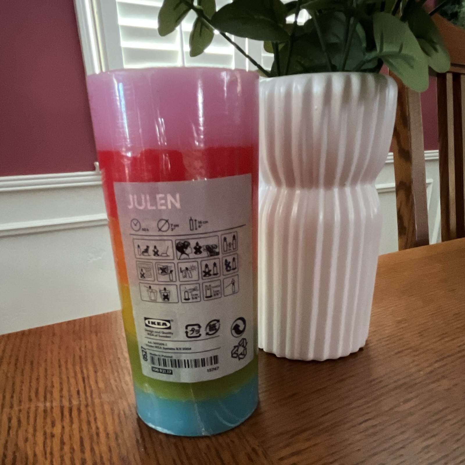 IKEA JULEN Rainbow Multicolor Wax Pillar Candle 6 1/4in tall Unscented 60hr