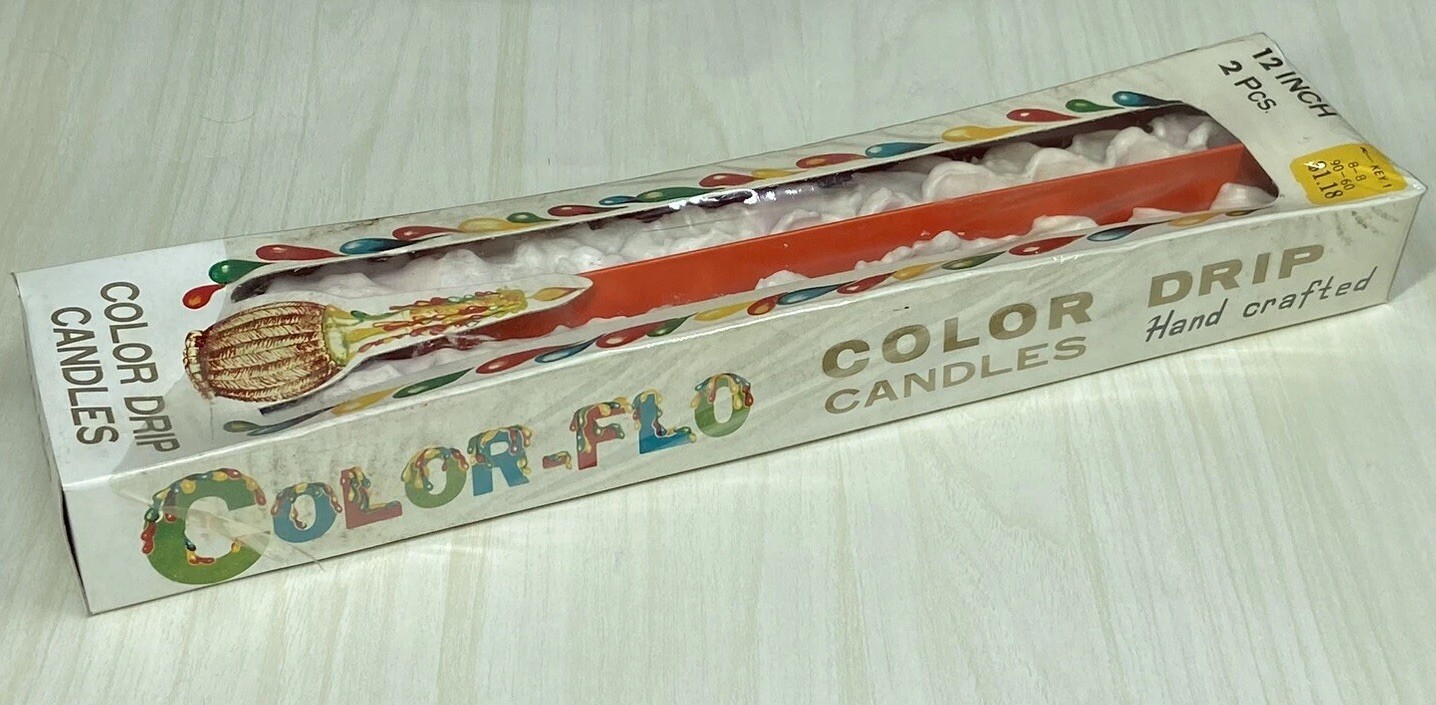 COLOR-FLO Rainbow Color Drip CANDLE 12″ Vintage Retro Original Pkg Of 2 60s 70s