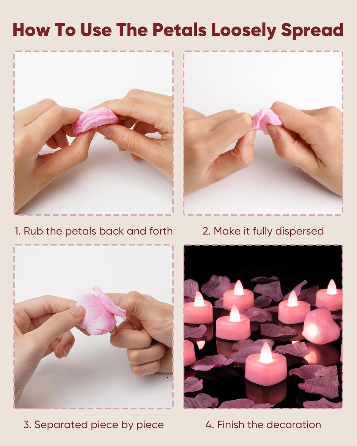 1000 Pieces Pink Artificial Rose Petals with 12 Pink Heart LED Tea