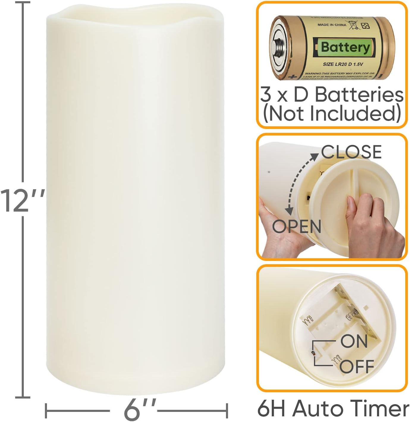 Homemory 6 x 12 Extra Large Outdoor Waterproof Candle with Auto 6-Hour Timer,…