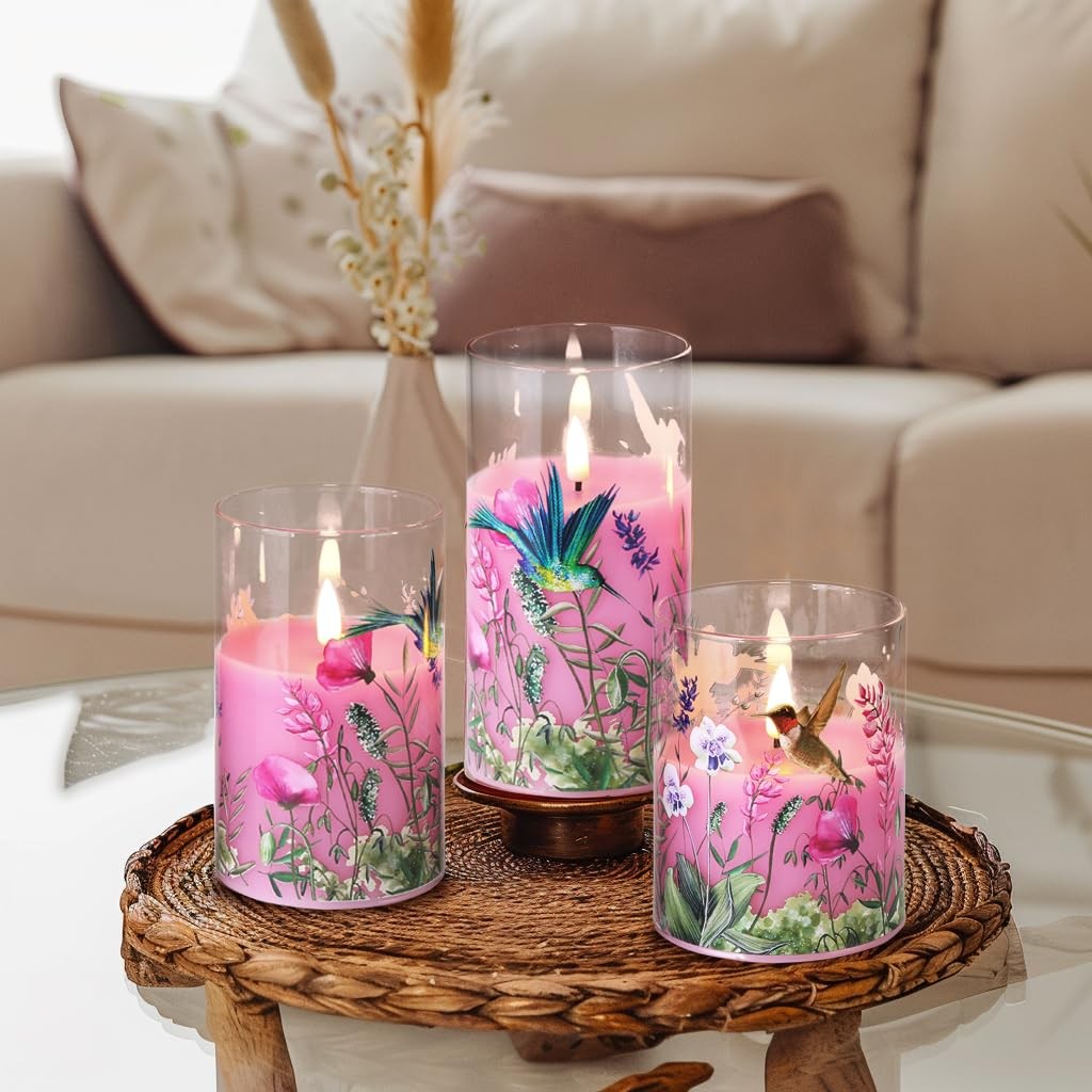 Eywamage Pink Hummingbird Floral Glass Flameless Candles with 3,